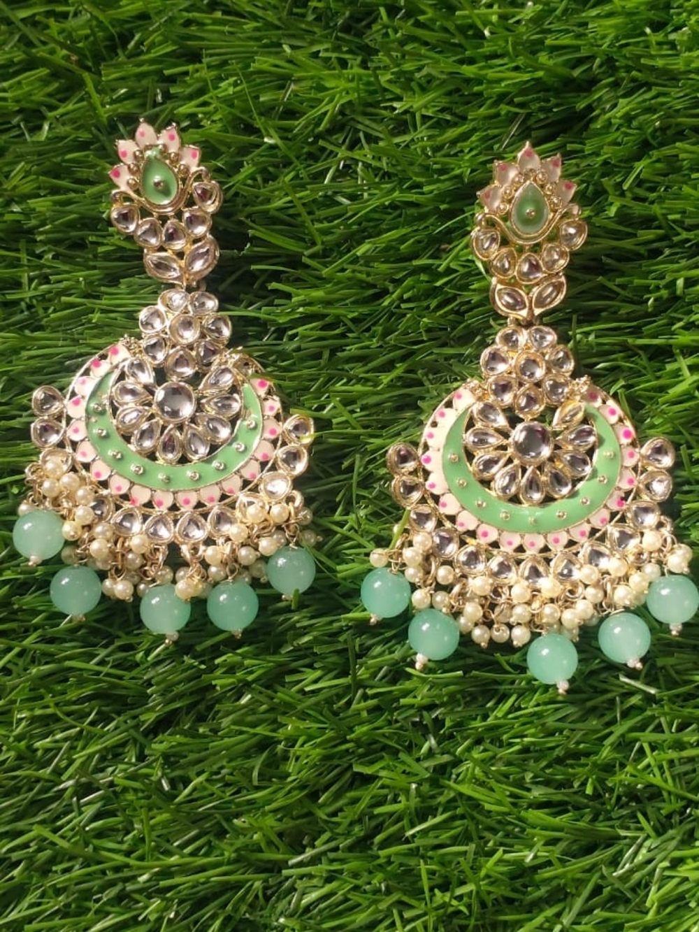 Green Kundan Drop Earrings with Pearl Fringe - Women Jewelry🌷🌷🌷